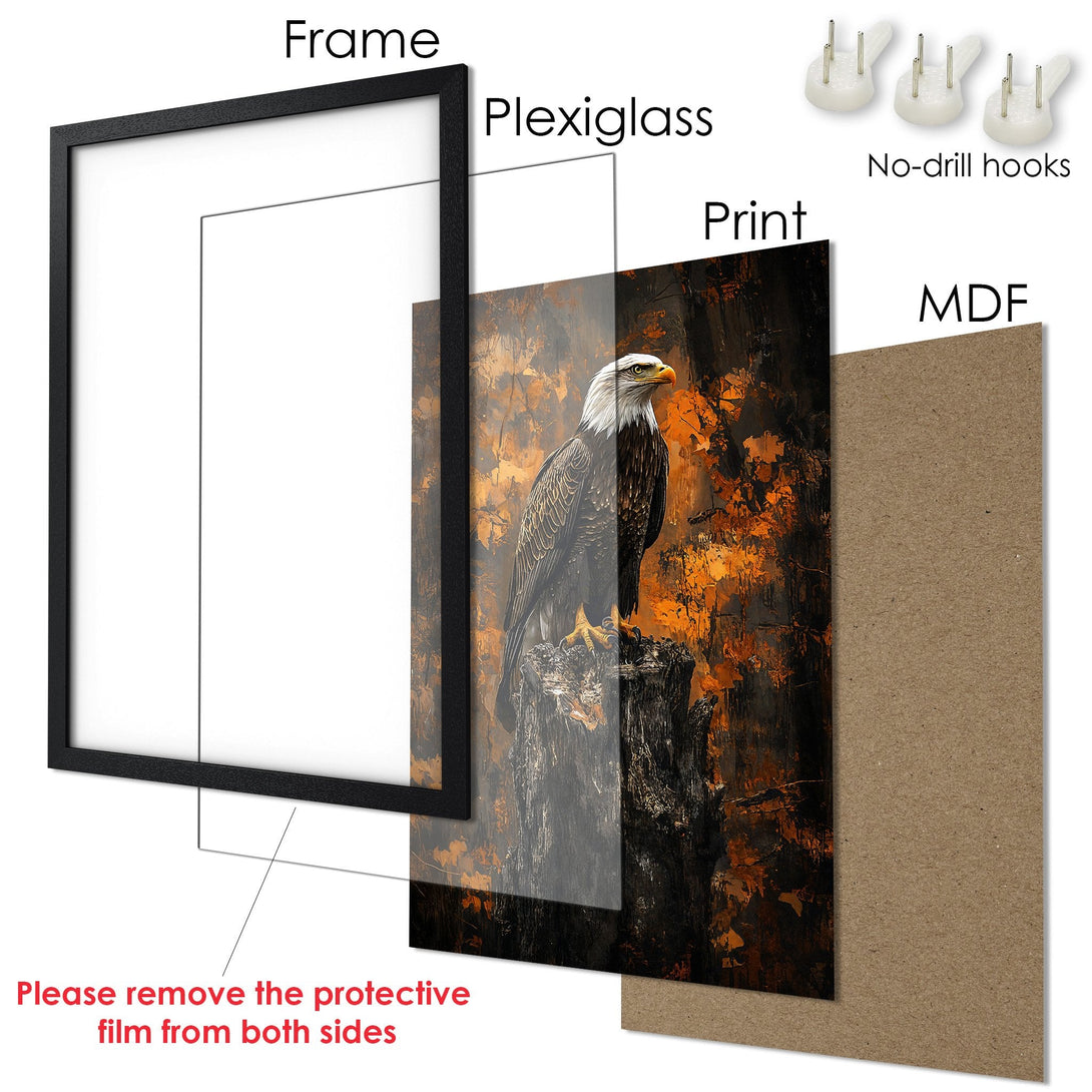 Framed Poster featuring an eagle in an abstract style with a warm, orange and brown color palette. Perfect wall art!