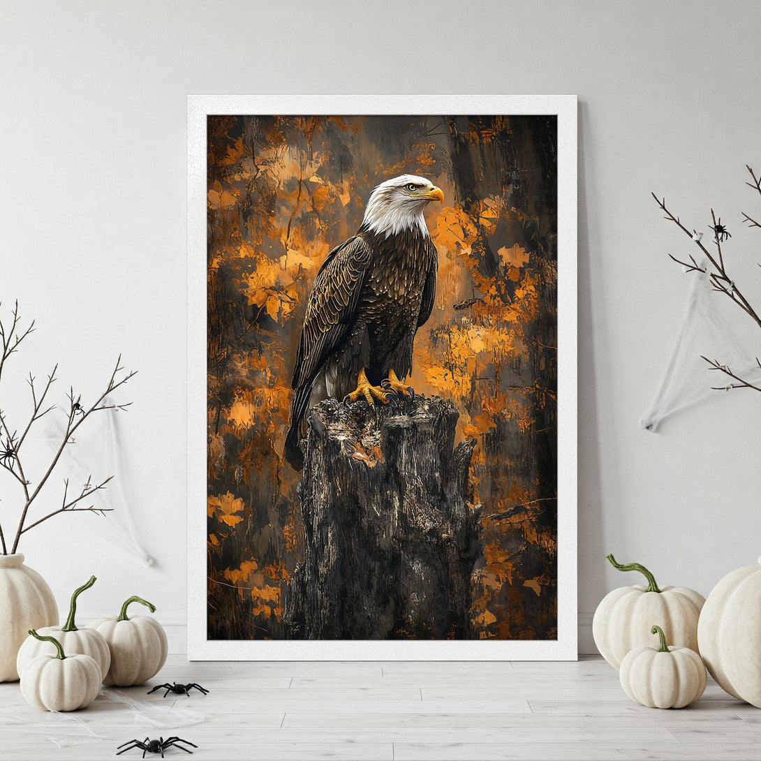 Framed Poster featuring a majestic eagle perched on a tree stump. Earthy tones of brown, black, and orange create a striking nature-inspired art piece.