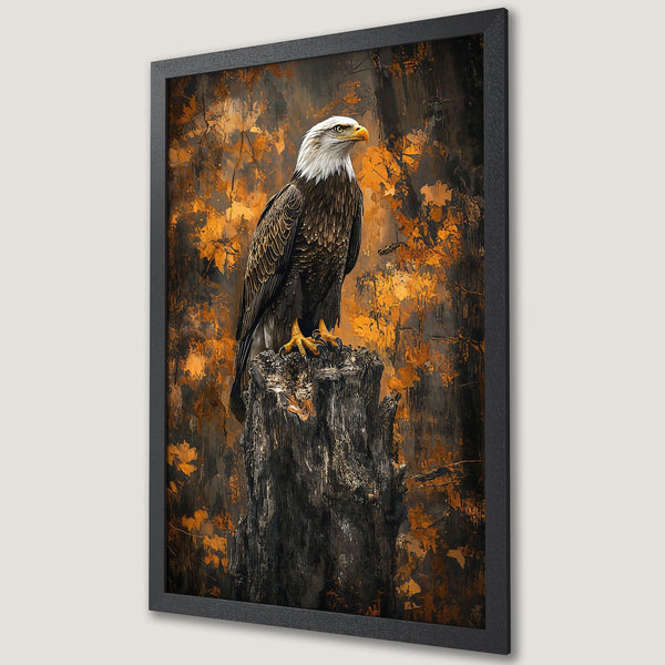Framed Poster featuring a majestic bald eagle on a tree stump. Artistic style with a warm, autumn color palette of browns and oranges.