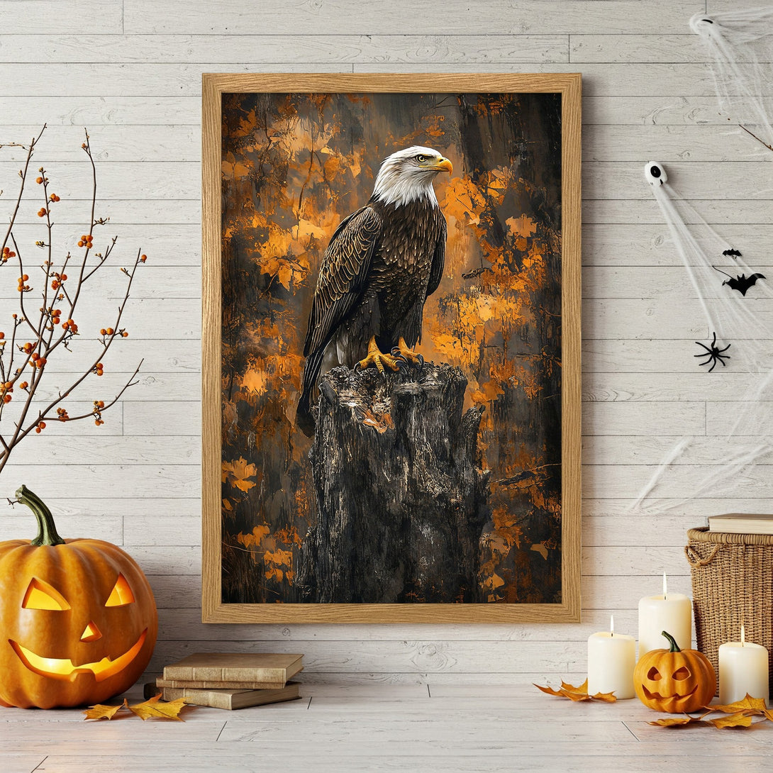 Framed Poster of Bald Eagle in autumn style, warm orange and brown tones, perfect for fall decor.