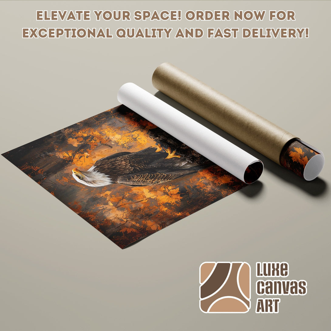 Poster Roll featuring an eagle in an autumn forest, warm color palette, perfect for home decor. Order now!