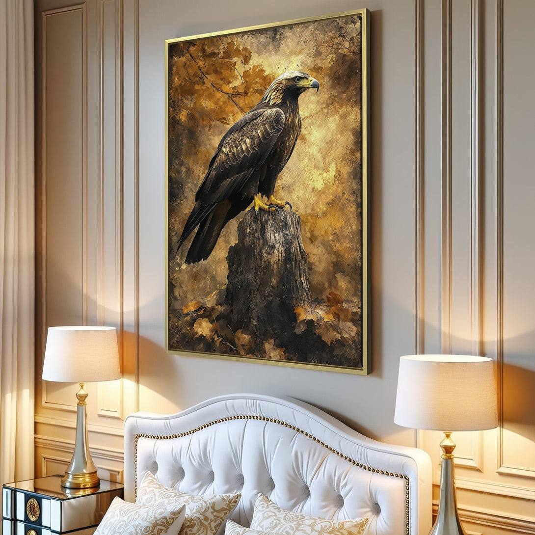 Canvas Print of a majestic eagle perched on a stump, in a warm, earthy color palette. Perfect wall art for your living room!