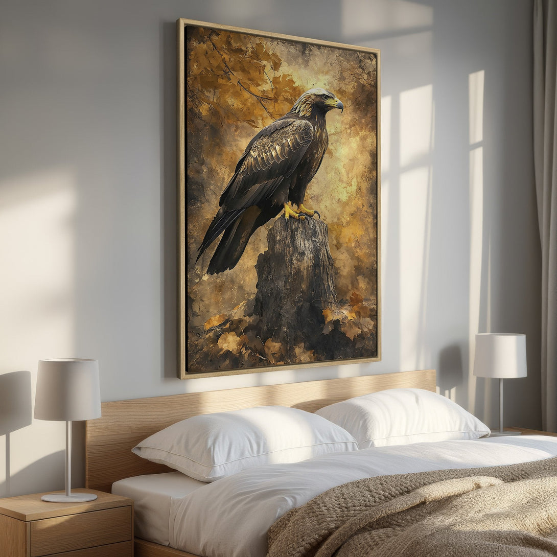 Framed Wall Art: Majestic eagle canvas print in warm earth tones. Perfect for rustic decor. Add a touch of nature's beauty to your bedroom!