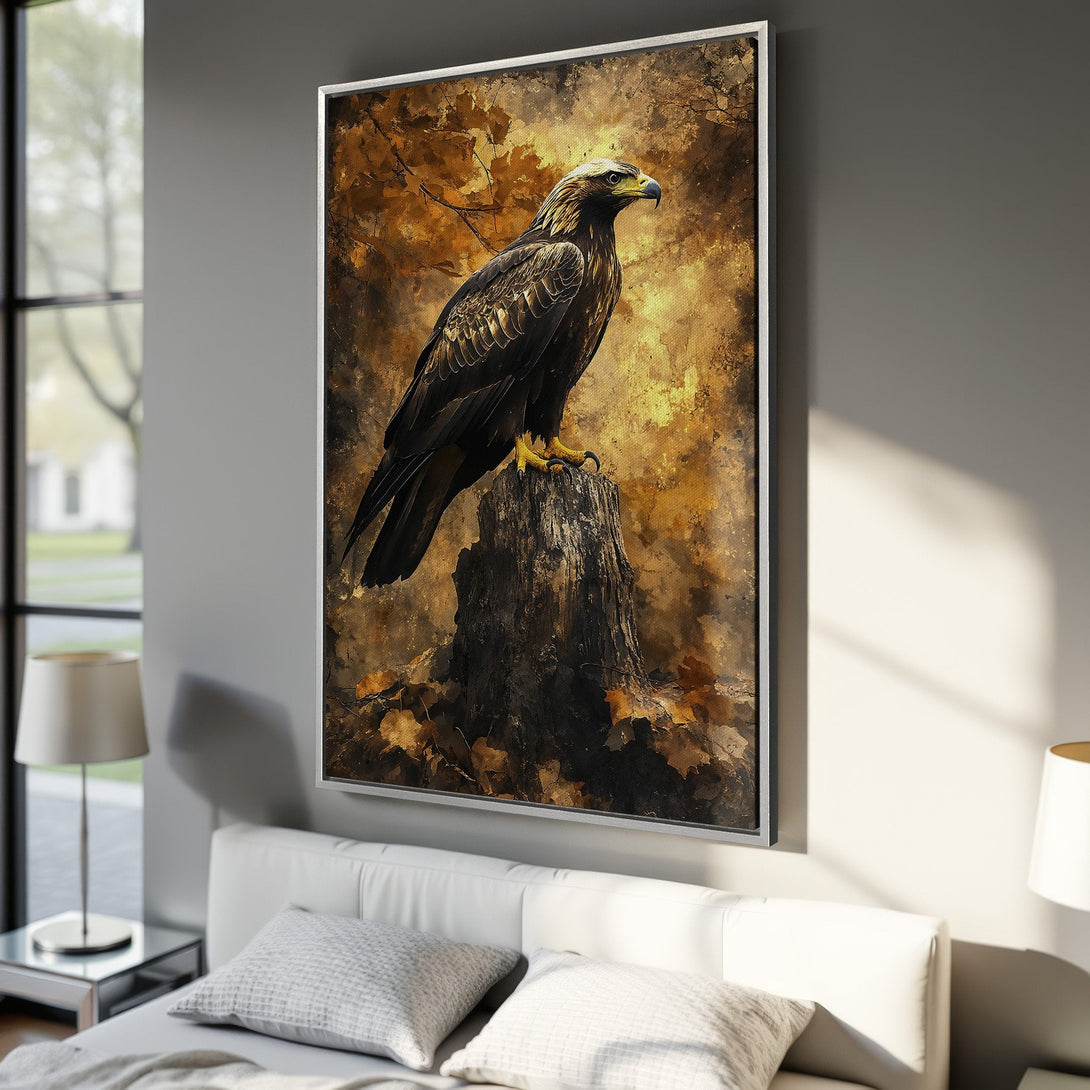 Framed Wall Art featuring a majestic eagle in a warm, golden-brown palette. Enhance your home decor with this stunning canvas print.