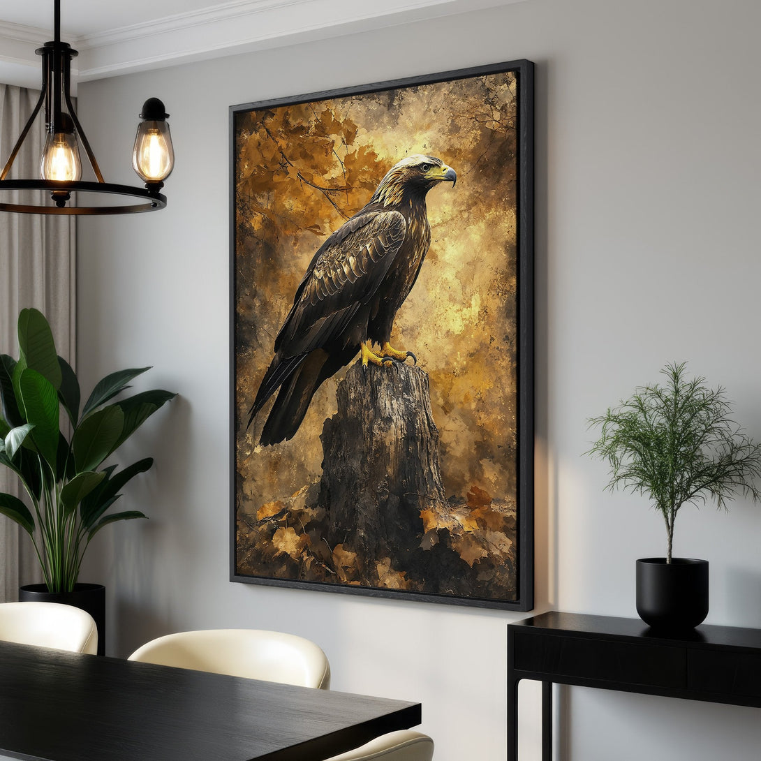 Framed Wall Art: Majestic eagle canvas print in warm gold and brown tones. Perfect wildlife art for your home decor.