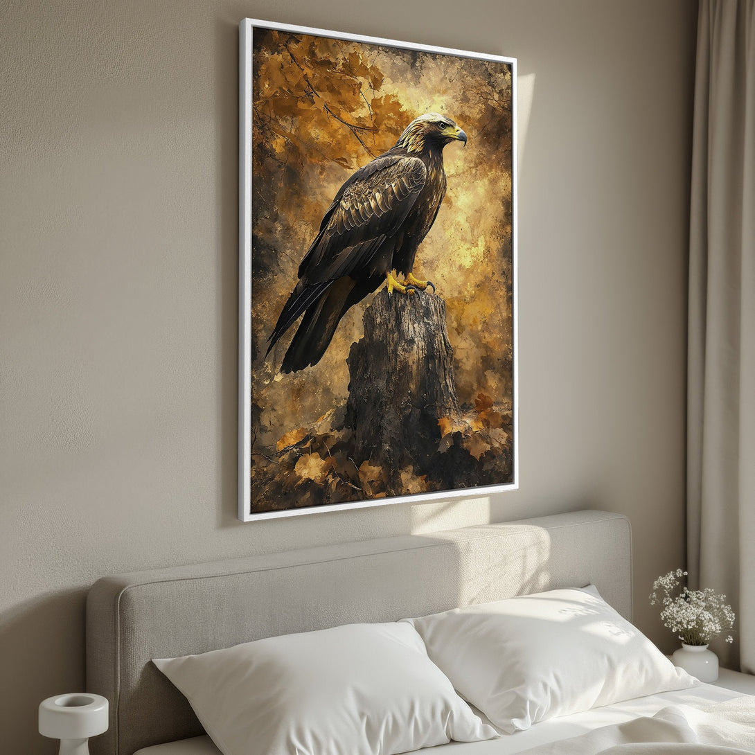 Framed Wall Art: Majestic eagle canvas print in warm gold and brown tones. Perfect wildlife art for a cozy bedroom. Shop now!