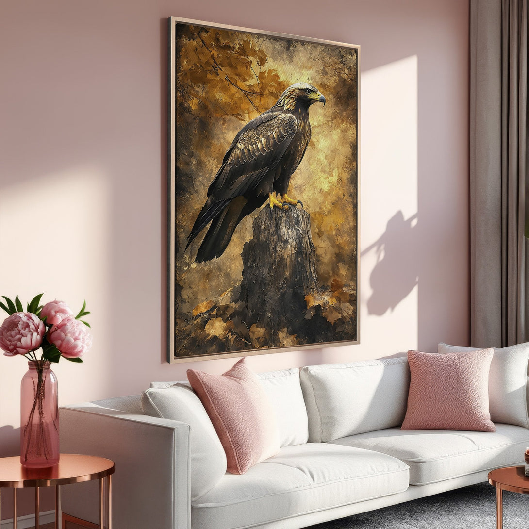 Framed Wall Art: Majestic eagle canvas print in warm gold and brown tones. Perfect for adding a touch of nature and elegance to your living room decor.