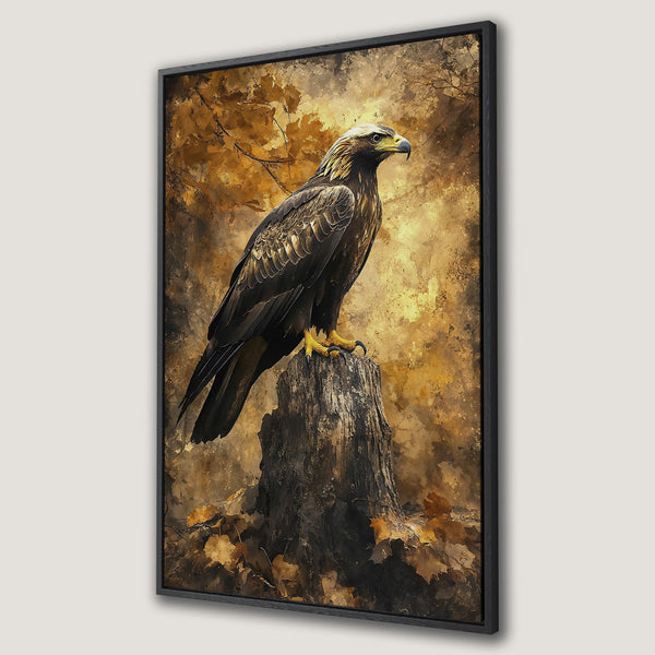 Framed Wall Art featuring a majestic eagle perched on a tree stump. Earthy tones and watercolor style create a stunning piece for any space.