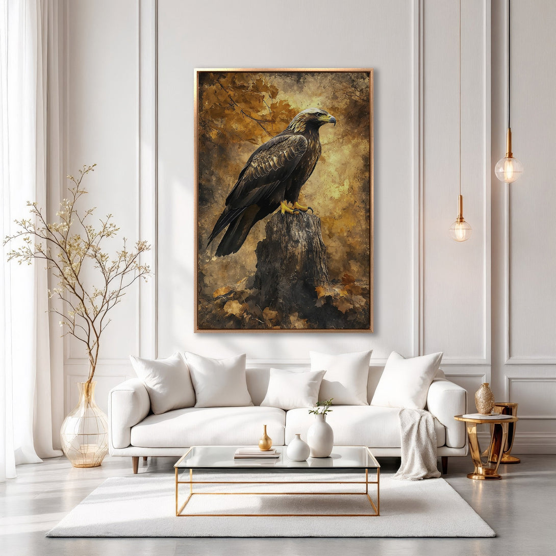 Framed Wall Art: Majestic eagle canvas print in warm gold and brown tones. Perfect for adding a touch of nature and elegance to your living room.