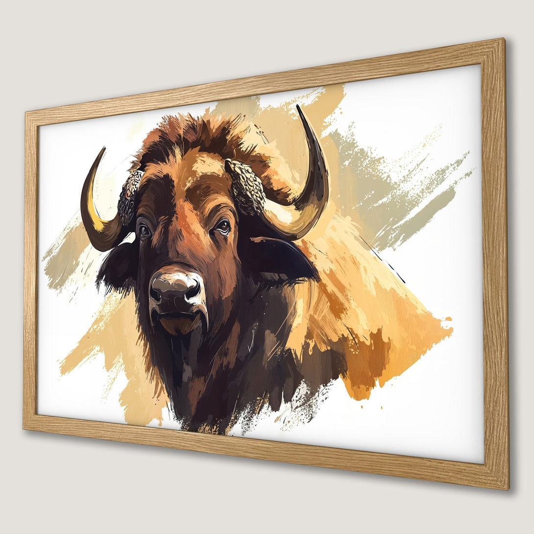 Framed Poster of a majestic buffalo, artistic style with warm brown and gold tones. Add this stunning art to your home!