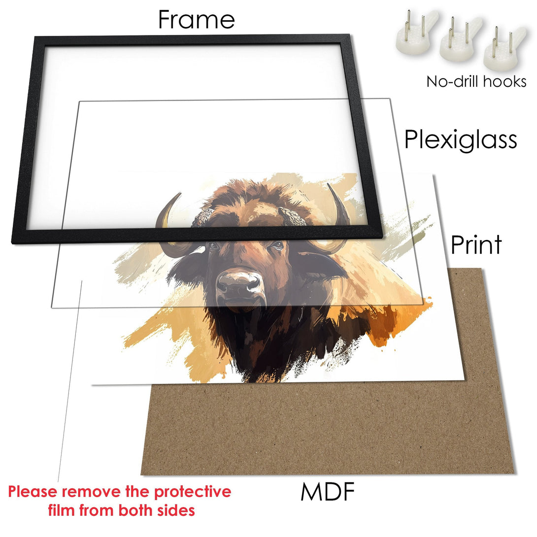 Framed Poster of a bison in an artistic style, featuring a warm color palette. Add this stunning art piece to your wall!