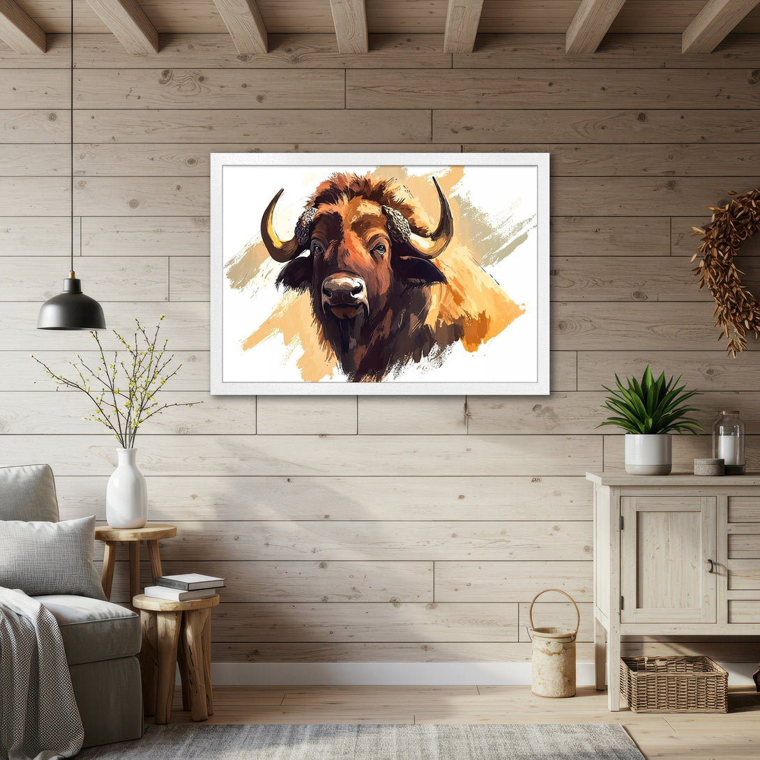 Framed Poster featuring a watercolor-style buffalo, warm earthy tones. Perfect wall art for rustic decor. Shop now!