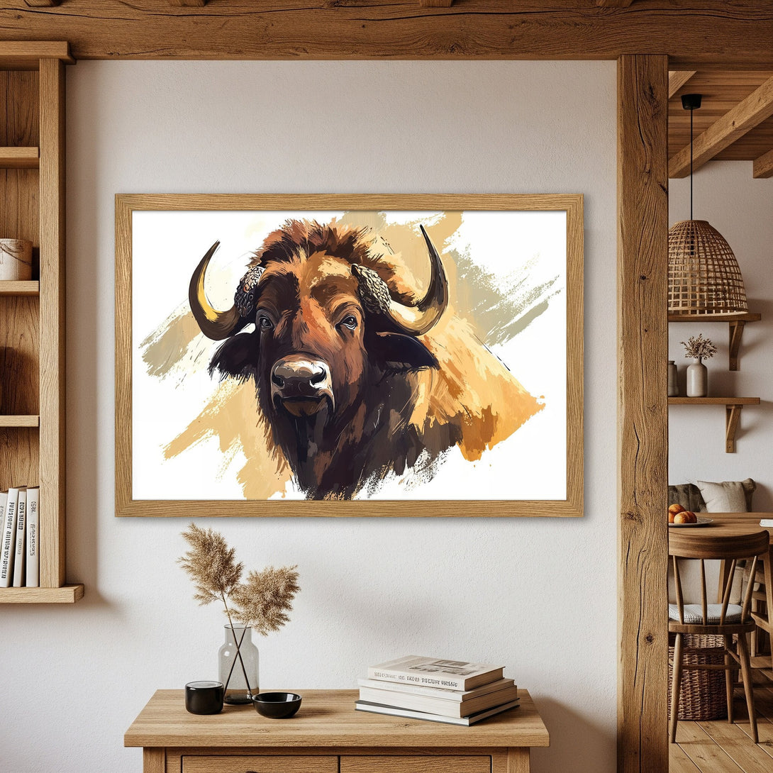 Framed Poster of a majestic bison in a watercolor style, featuring warm brown and gold tones. Perfect wall art for your home!