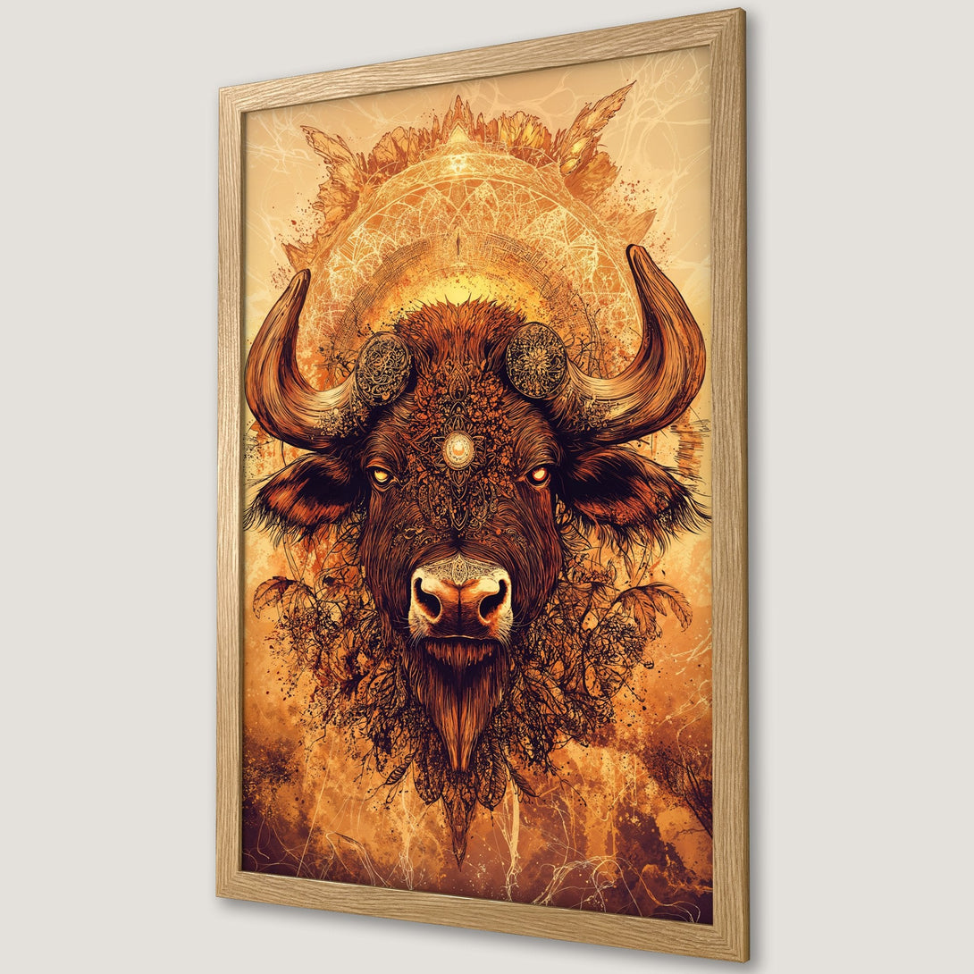 Framed Poster featuring a detailed bull illustration in warm orange and brown tones. Perfect wall art for any space!