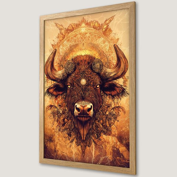 Framed Poster featuring a detailed bull illustration in warm orange and brown tones. Perfect wall art for any space!