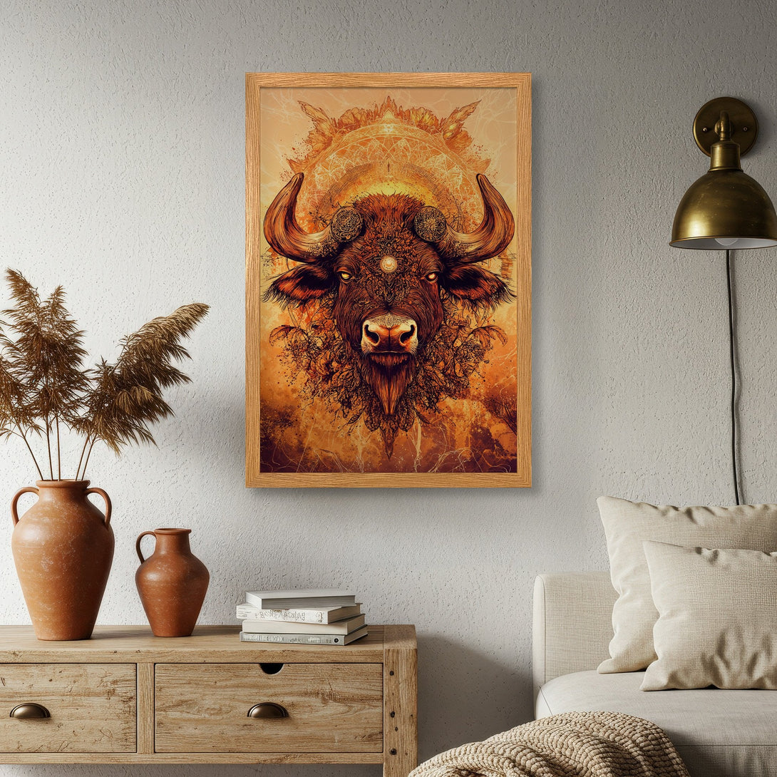 Framed Poster featuring a detailed bull illustration in warm orange and brown tones, perfect for adding a touch of art to your home.