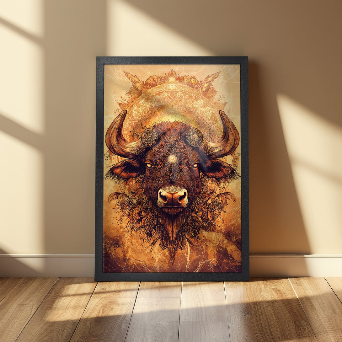Framed Poster featuring a detailed bull illustration in warm orange and brown tones. Stunning art for your home!