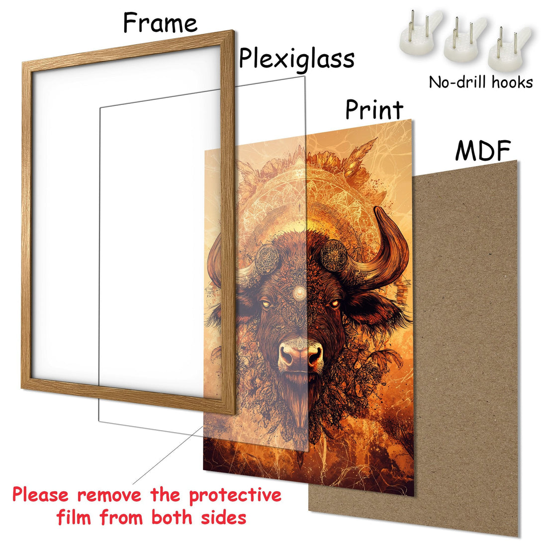 Framed Poster featuring a detailed bison illustration in warm orange tones. Perfect wall art for any space!