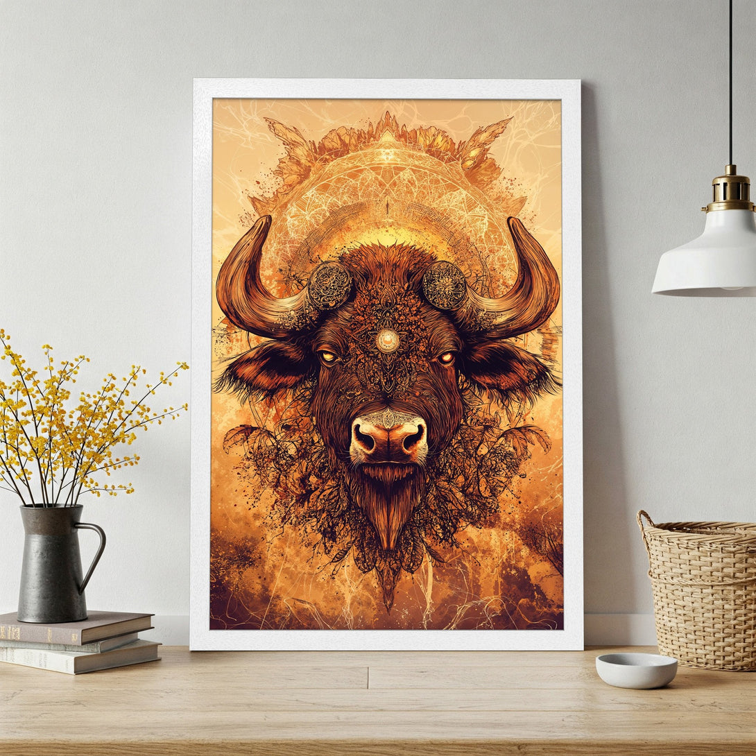 Framed Poster featuring a detailed bull illustration in warm orange tones. Perfect wall art for a stylish, bohemian home.