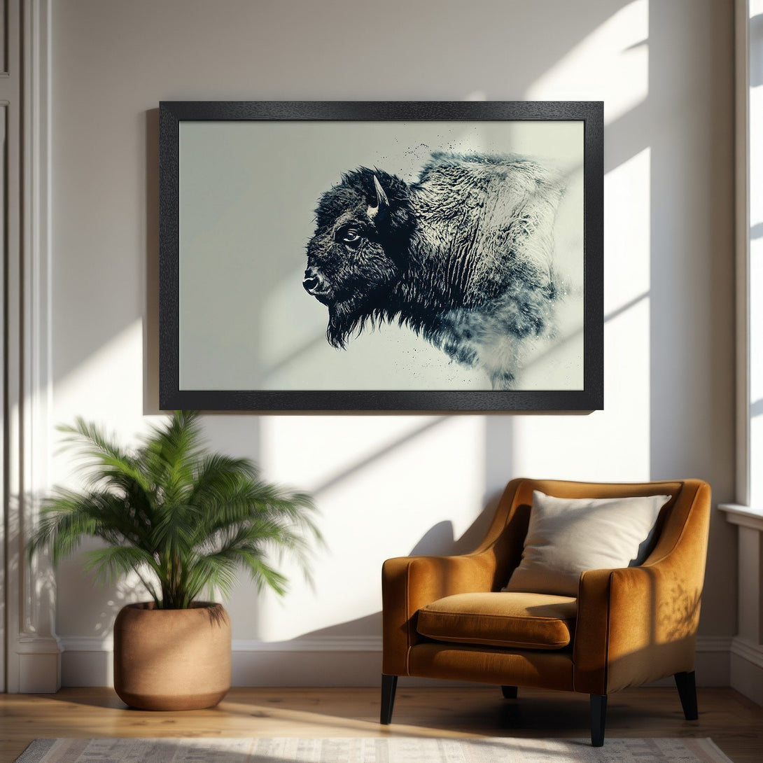 Framed Poster featuring a bison in a monochromatic, artistic style. Perfect for adding a touch of nature and elegance to any room.