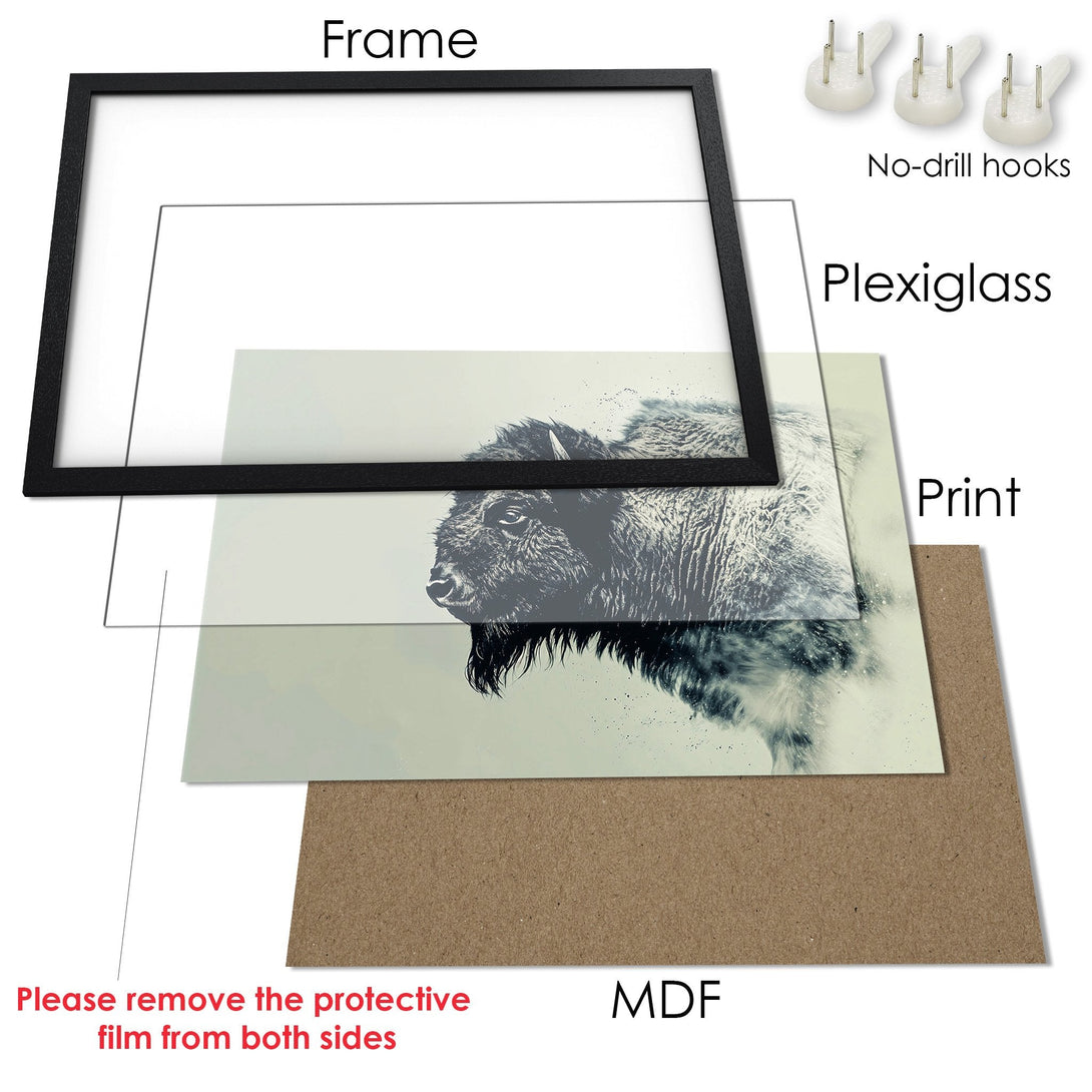 Framed Poster featuring a bison in a minimalist style with a neutral, grayscale color palette. Perfect wall art!