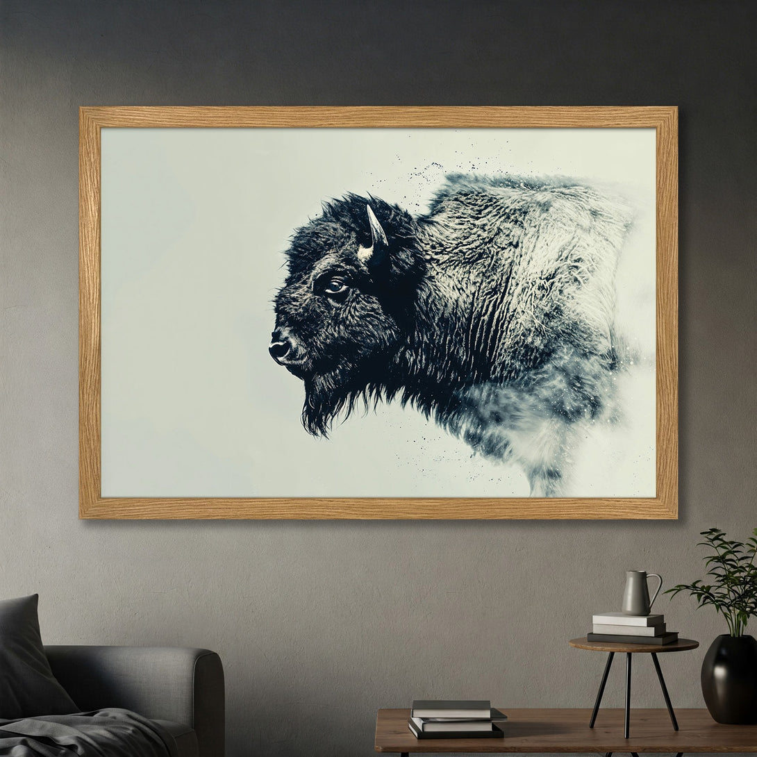 Framed Poster featuring a bison in a minimalist style with a monochrome color palette. Perfect for modern home decor.