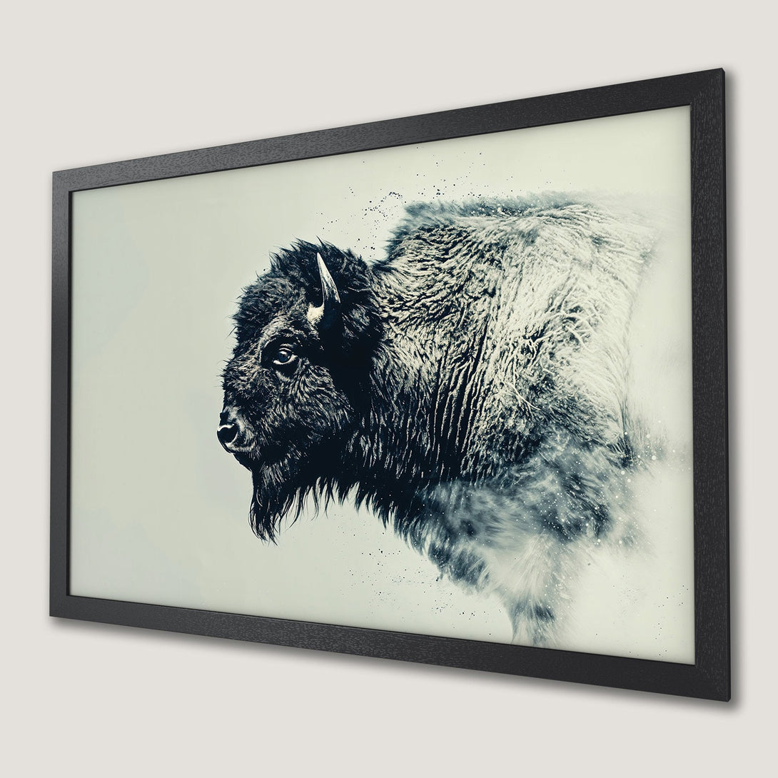 Framed Poster of a bison in a monochrome style, perfect for modern decor. Neutral color palette.