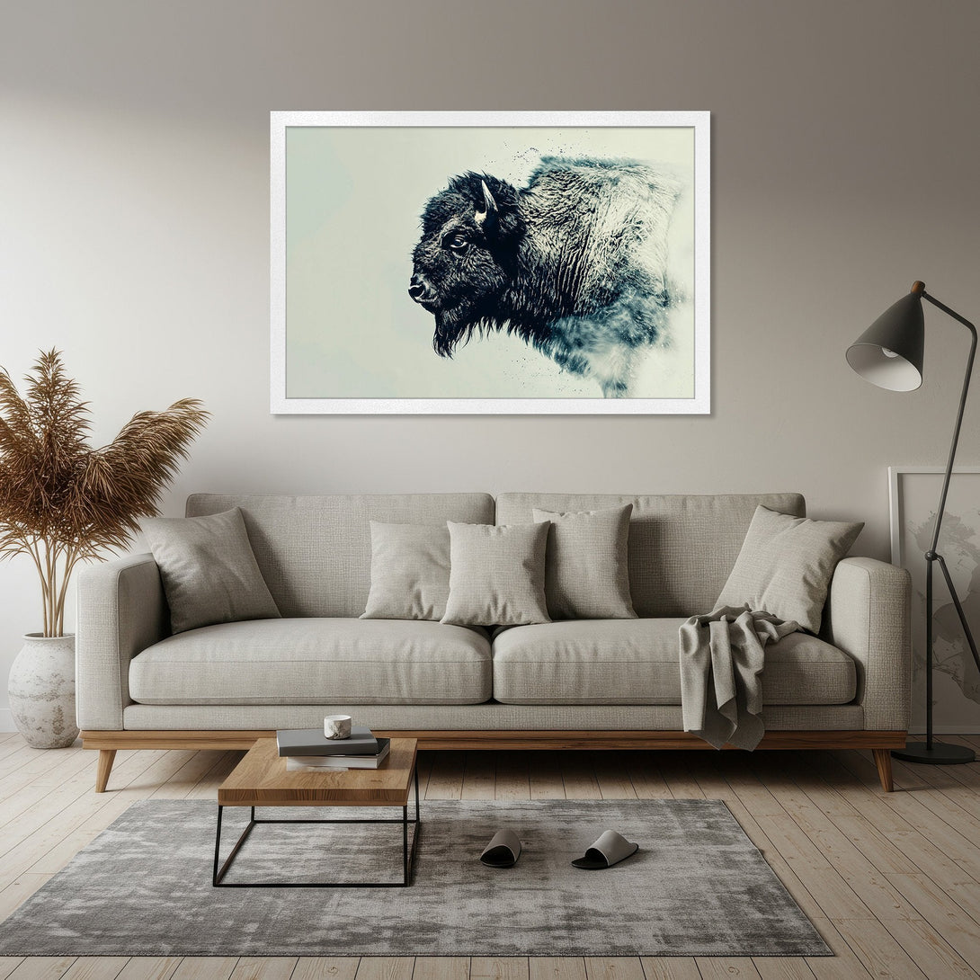 Framed Poster featuring a bison in a modern, minimalist style. Neutral color palette with shades of gray and white, perfect for home decor.