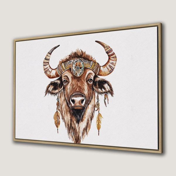 Canvas Print featuring a watercolor bison with tribal headdress. Earth-toned art for bohemian decor.