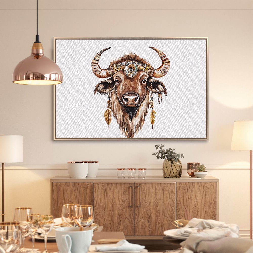 Framed Wall Art: Watercolor buffalo print in boho style. Earth-toned palette adds warmth to any room. Shop our Canvas Print collection today!