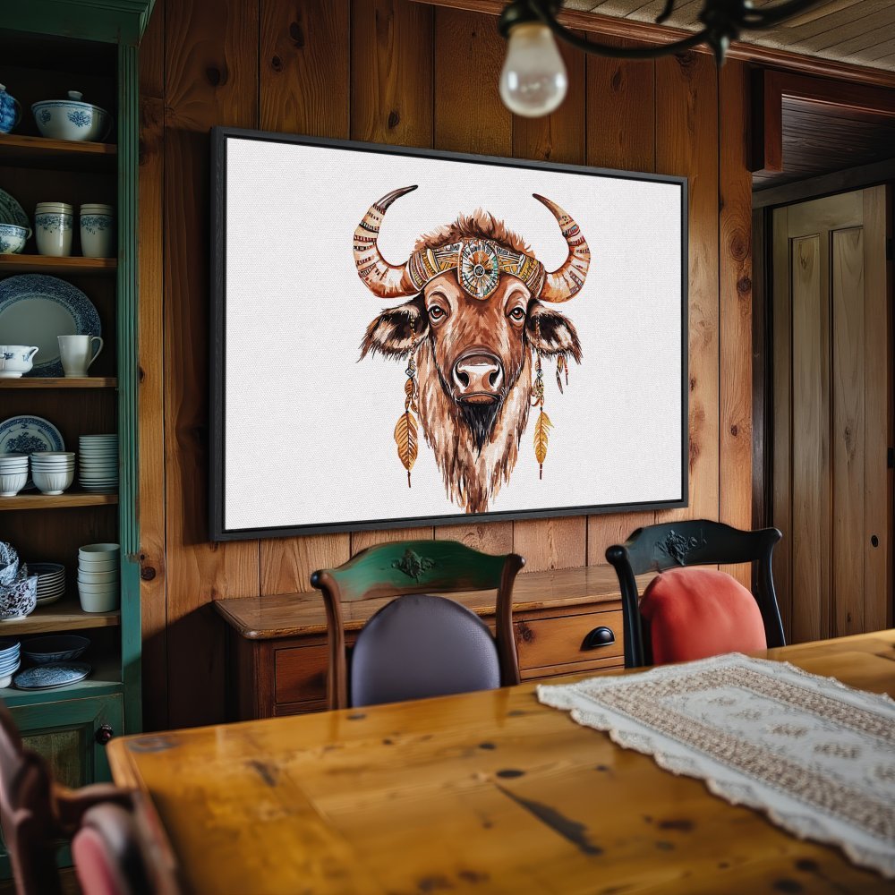 Framed Wall Art: Watercolor bison portrait in warm earth tones. Elevate your space with this stunning, boho-chic Canvas Print.