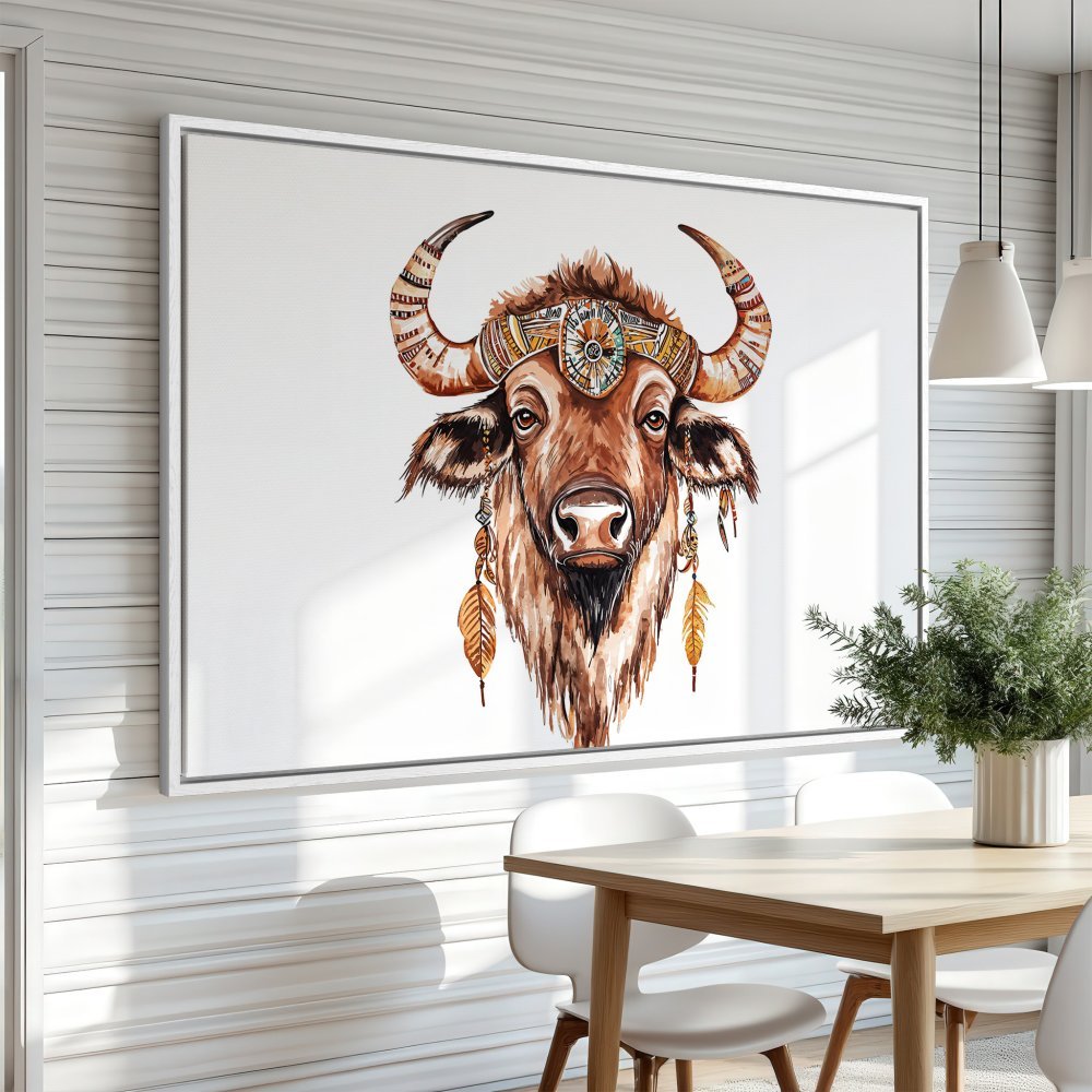 Framed Wall Art: Watercolor bison portrait in warm earth tones. Boho-chic style Canvas Print adds rustic charm to any space.