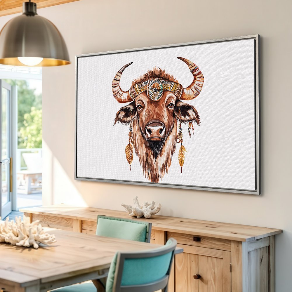 Framed Wall Art: Watercolor bison portrait with boho style, warm brown and gold tones. Add a touch of rustic charm to your home!