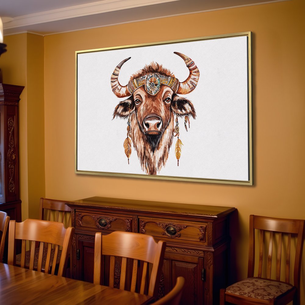 Canvas Print: Watercolor bison art in warm brown tones. Boho style wall decor for a cozy living room.