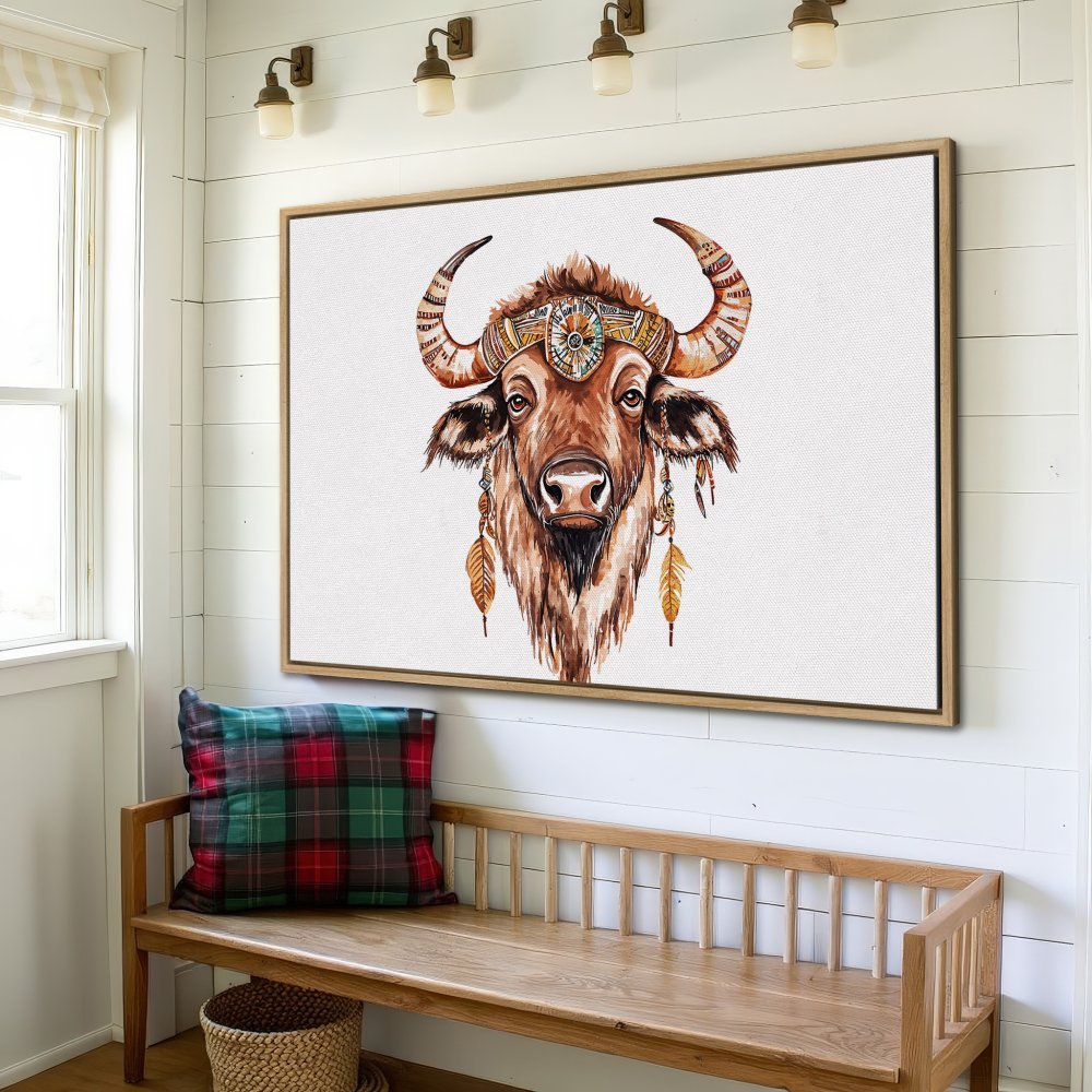 Framed Wall Art: Watercolor bison portrait in warm brown tones. Boho style canvas print adds rustic charm to any space.