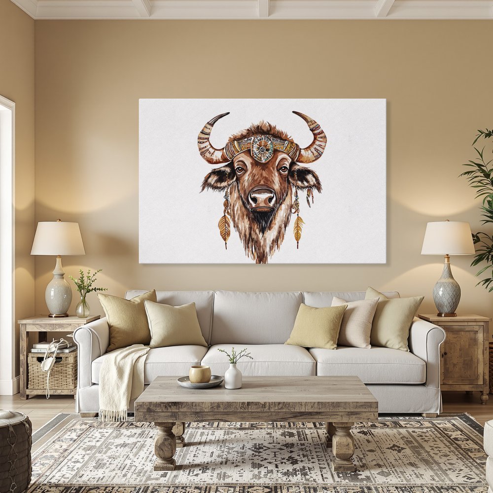 Framed Wall Art: Watercolor bison portrait in warm earth tones. Add bohemian style to your home with this stunning Canvas Print!