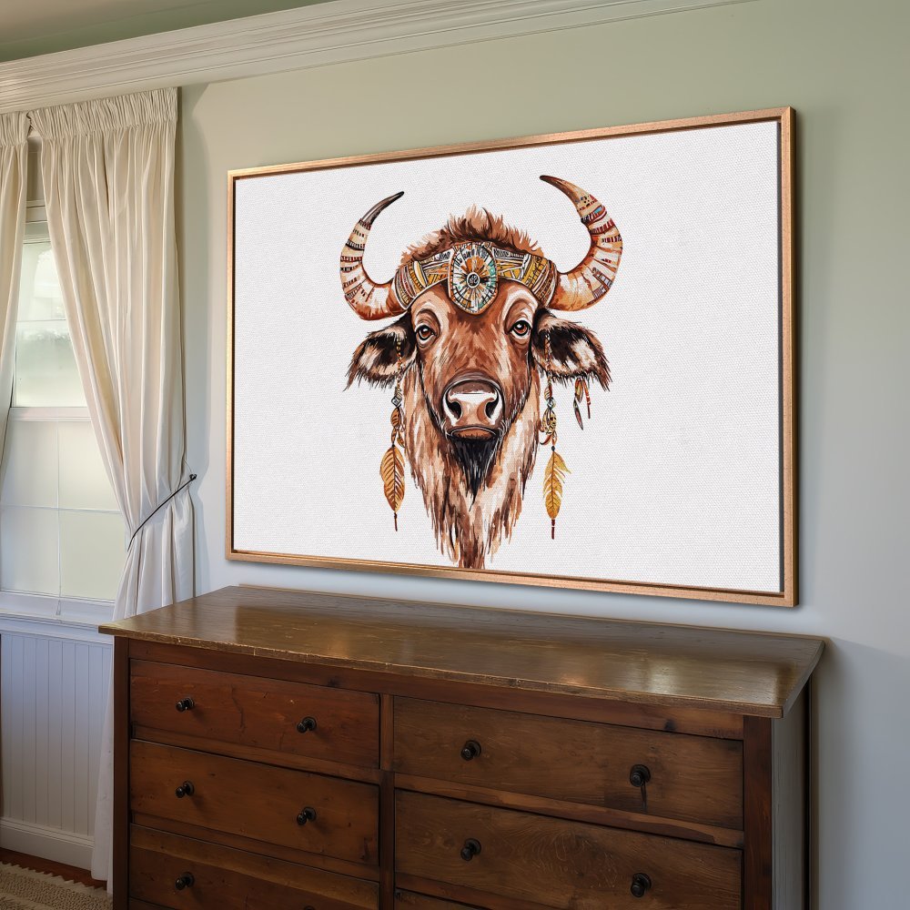 Boho Canvas Print of a bison in watercolor style, featuring warm earth tones and a touch of tribal flair. Perfect wall art!