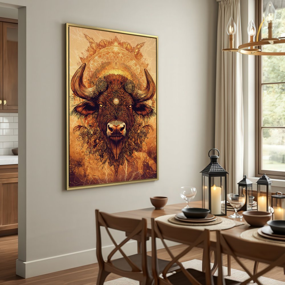 Canvas Print featuring a detailed bison illustration in warm brown and gold tones. Perfect for rustic or bohemian decor.