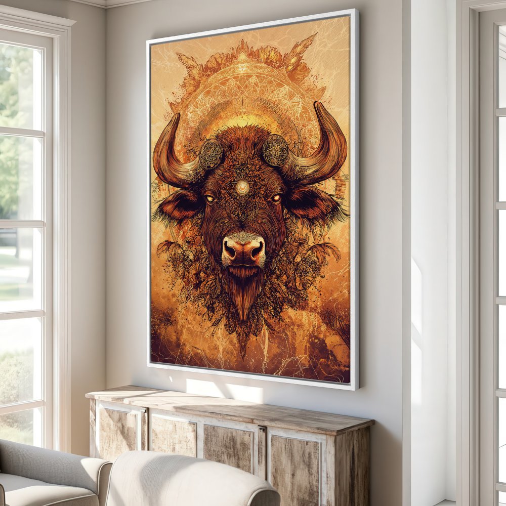 Framed Wall Art: Intricate bison art print in warm orange and brown tones, perfect for adding a touch of bohemian style to your home decor.