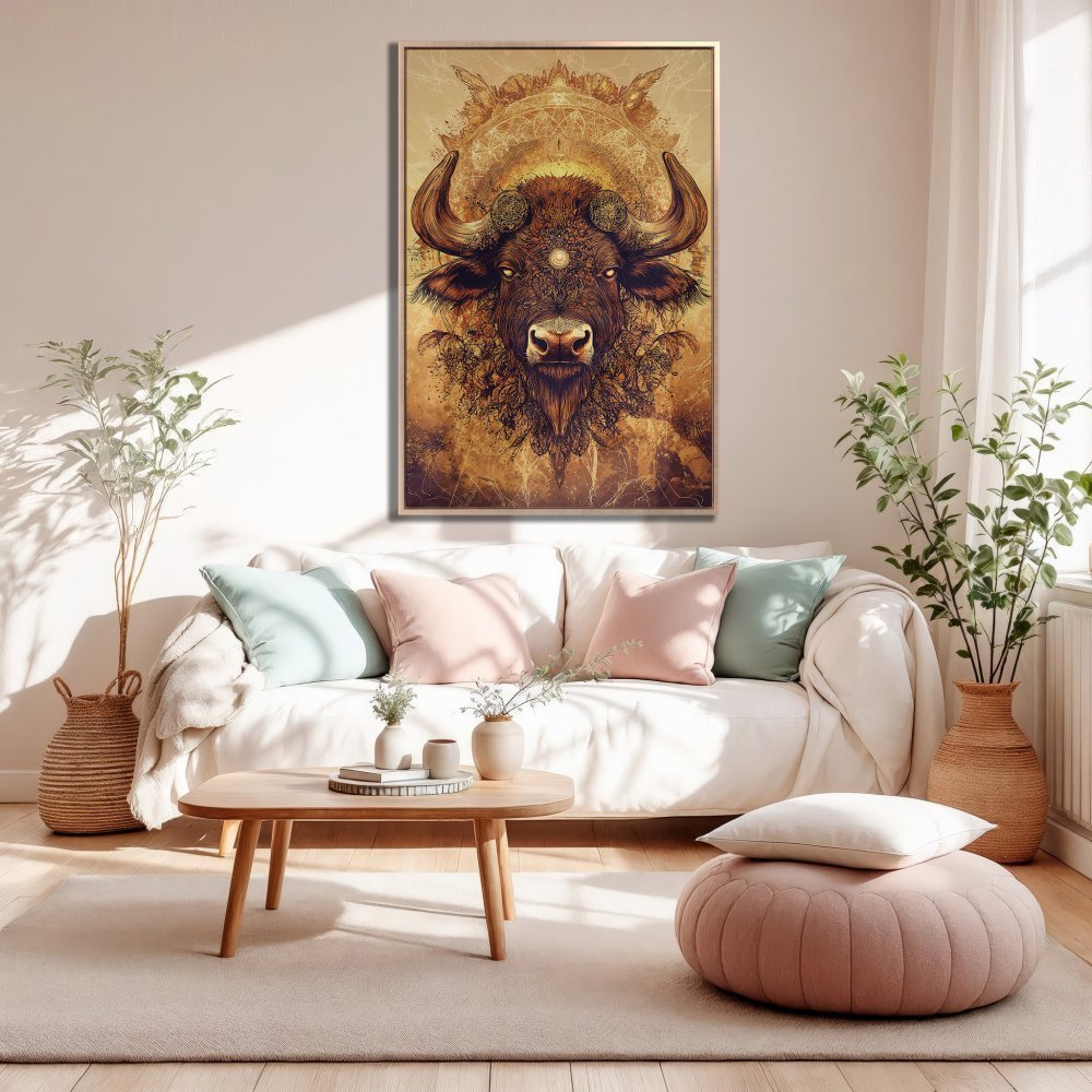 Framed Wall Art: Majestic bison portrait in warm gold tones. Boho style canvas print adds a touch of nature and elegance to any space.