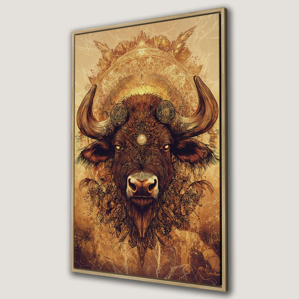 Framed Wall Art: Majestic buffalo portrait in warm brown and gold tones. Intricate illustration style, perfect for adding a touch of nature and art to your home decor.