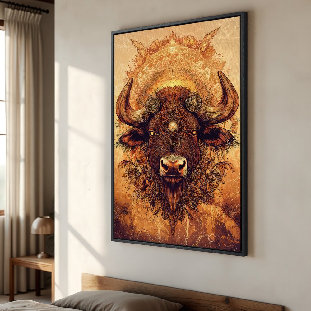 Framed Wall Art featuring a detailed bull illustration in warm orange tones. Perfect for adding a touch of bohemian style to your home decor.