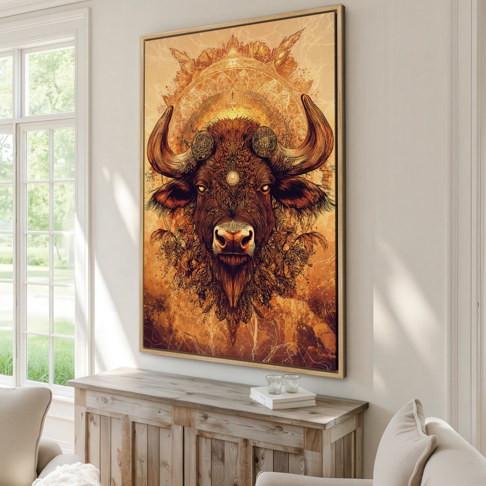 Framed Wall Art: Majestic bison art print in warm orange and brown tones. Perfect for a rustic or bohemian home decor style.