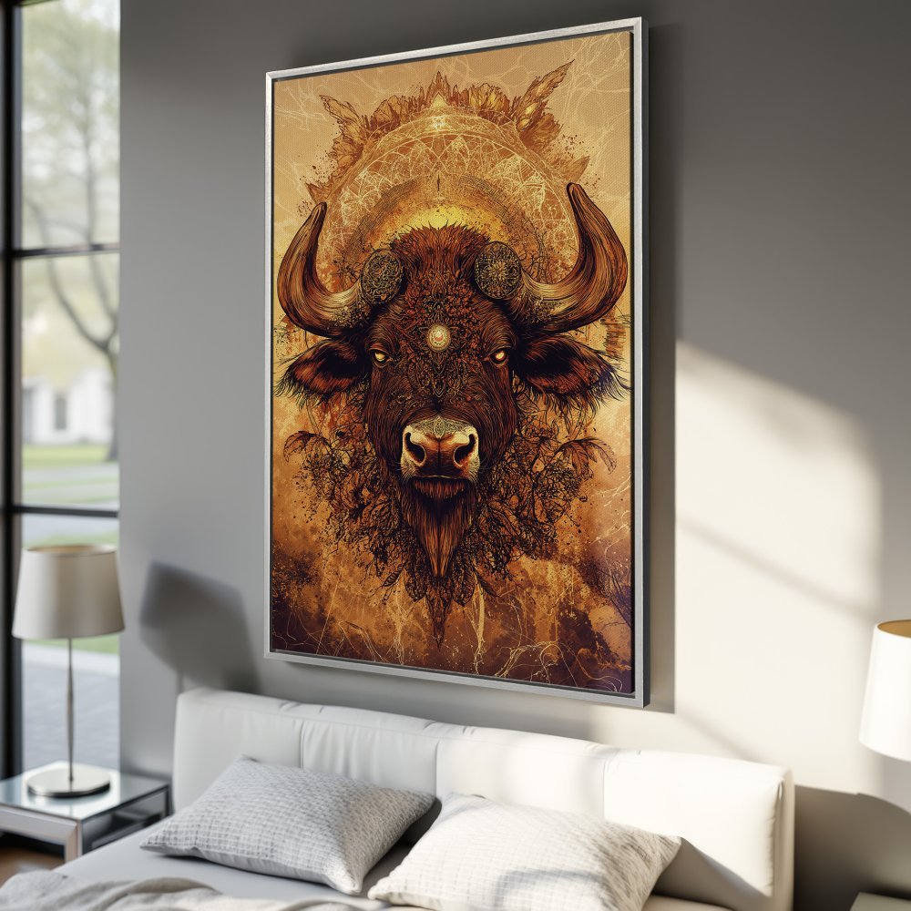 Framed Wall Art: Majestic bison illustration in warm brown and gold tones. Perfect for adding a touch of nature-inspired art to your bedroom decor.