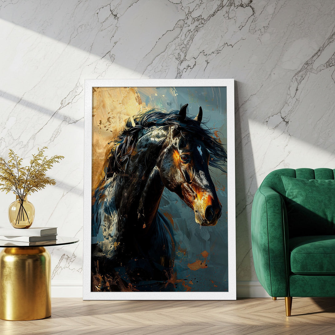 Framed Poster featuring a majestic black horse in an artistic style with a gold, blue, and brown color palette. Perfect wall art!