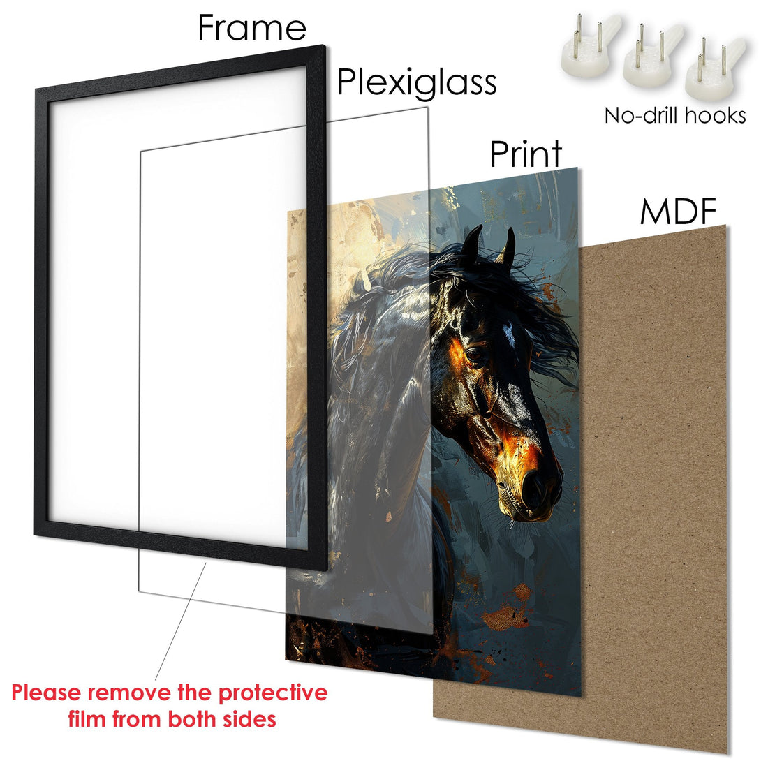 Framed Poster featuring a majestic horse in an artistic style with a blue, gold, and brown color palette. Perfect wall art!