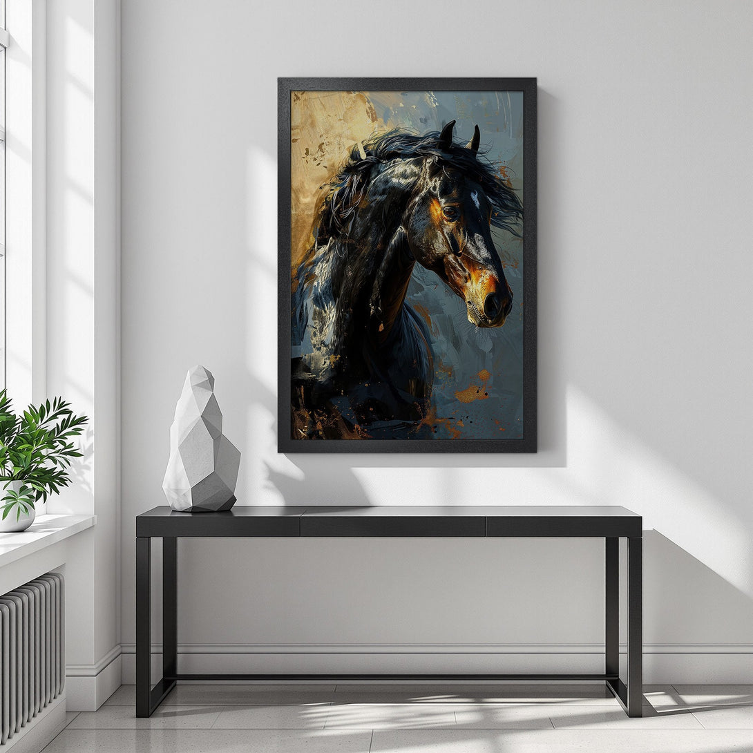 Framed Poster of a majestic black horse, artistic style with gold and blue tones. Elevate your space with this stunning Poster!