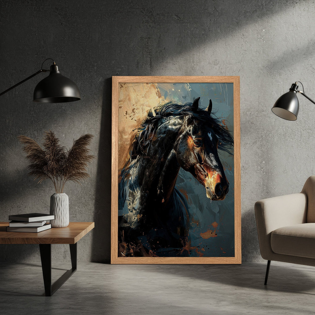 Framed Poster of a majestic black horse, artistic style with a moody blue, brown, and gold color palette. Elevate your space!
