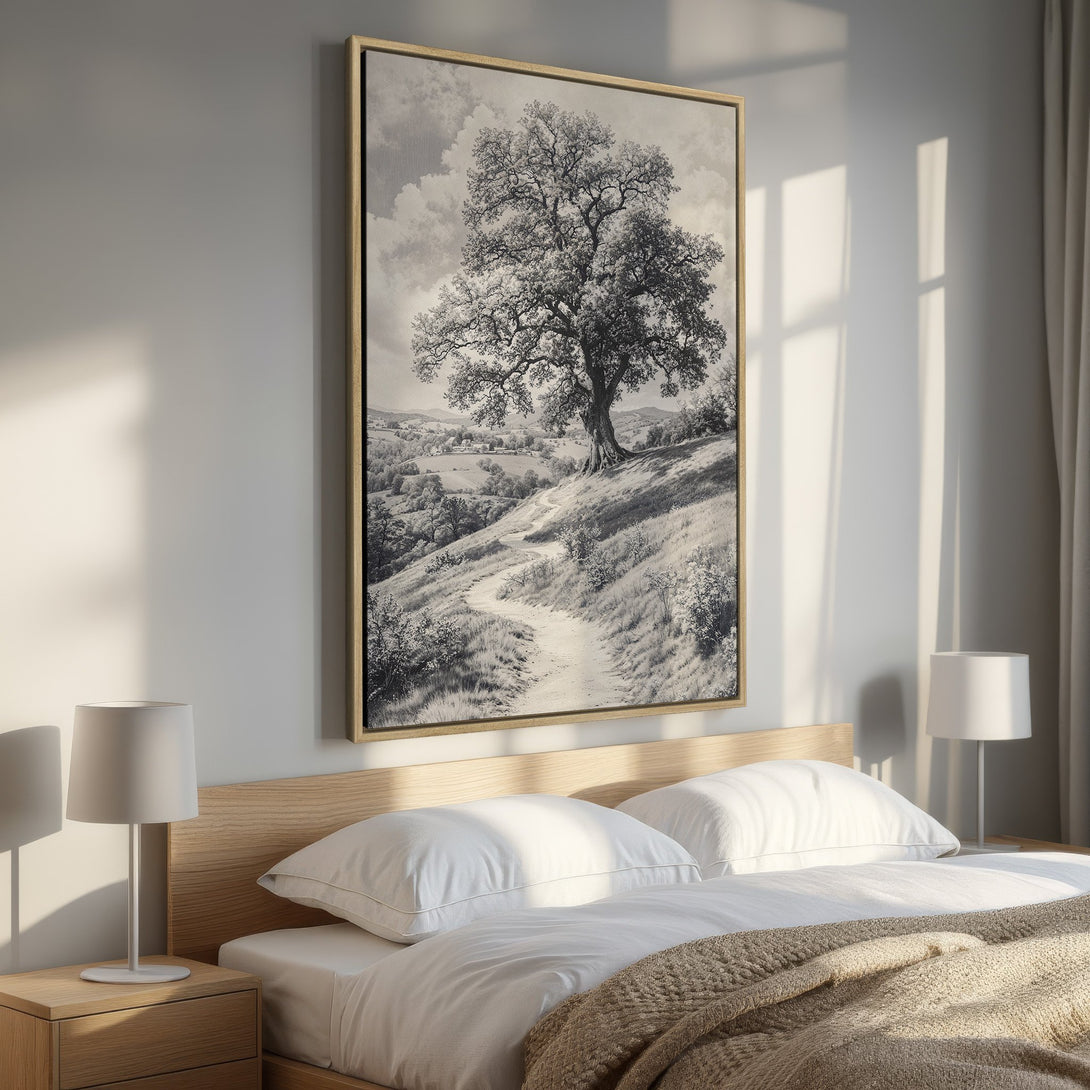 Framed Wall Art: Serene black and white landscape Canvas Print featuring a majestic tree on a hillside. Perfect for adding a touch of nature to your home.