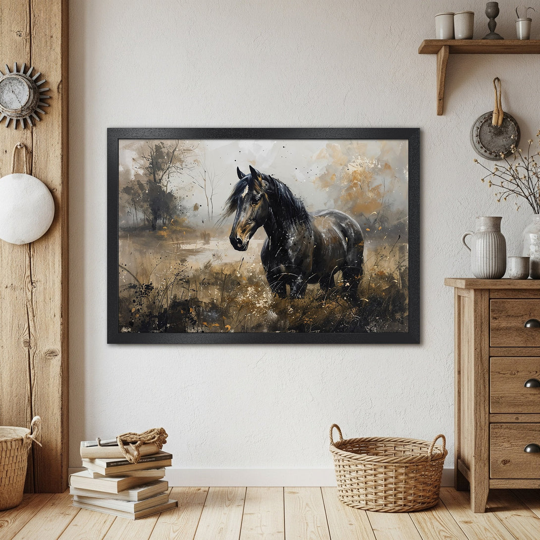 Framed Poster of a black horse in a field. Artistic style with neutral, earthy color palette. Perfect wall art!